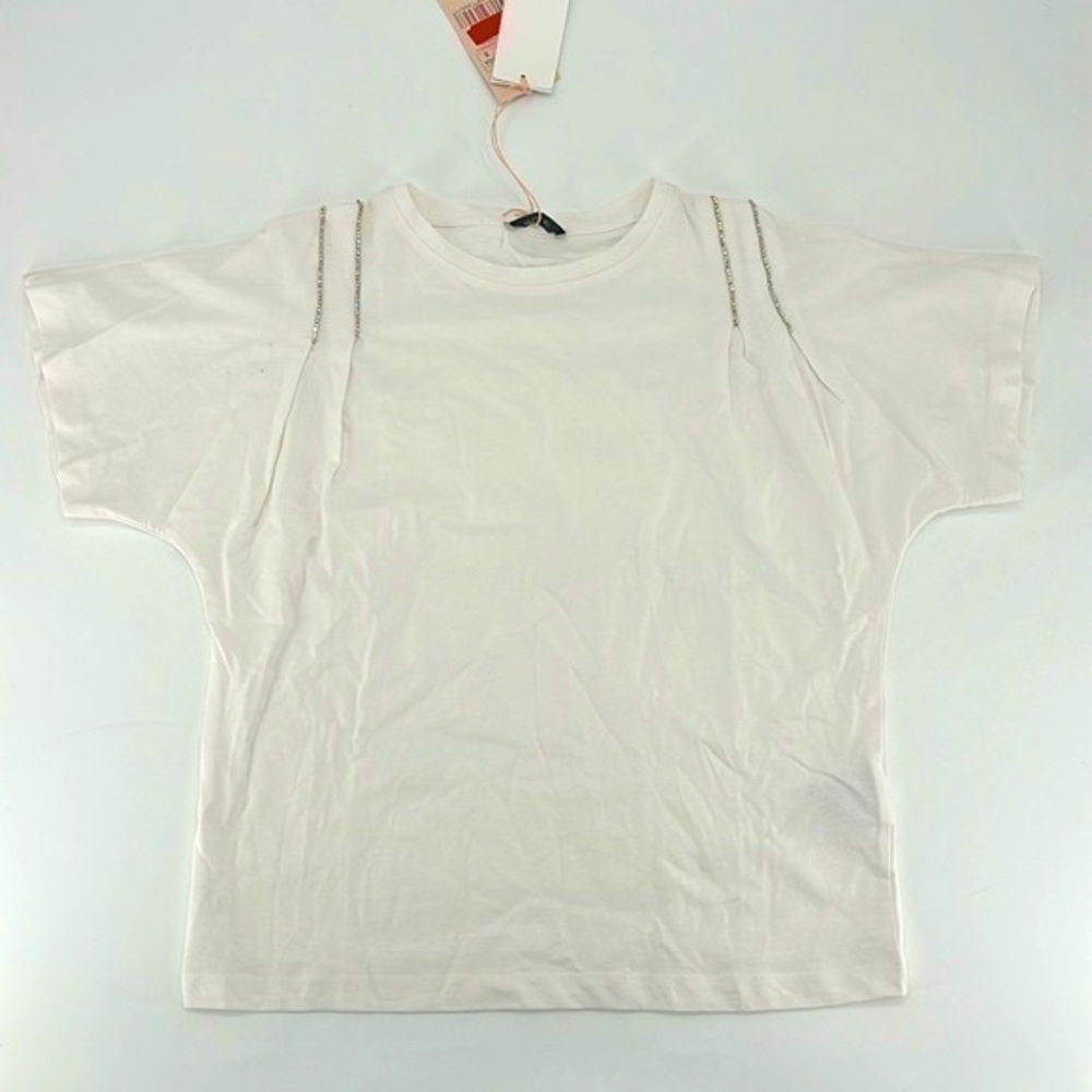 NWT Motivi white crewneck t-shirt rhinestone details on shoulders size small